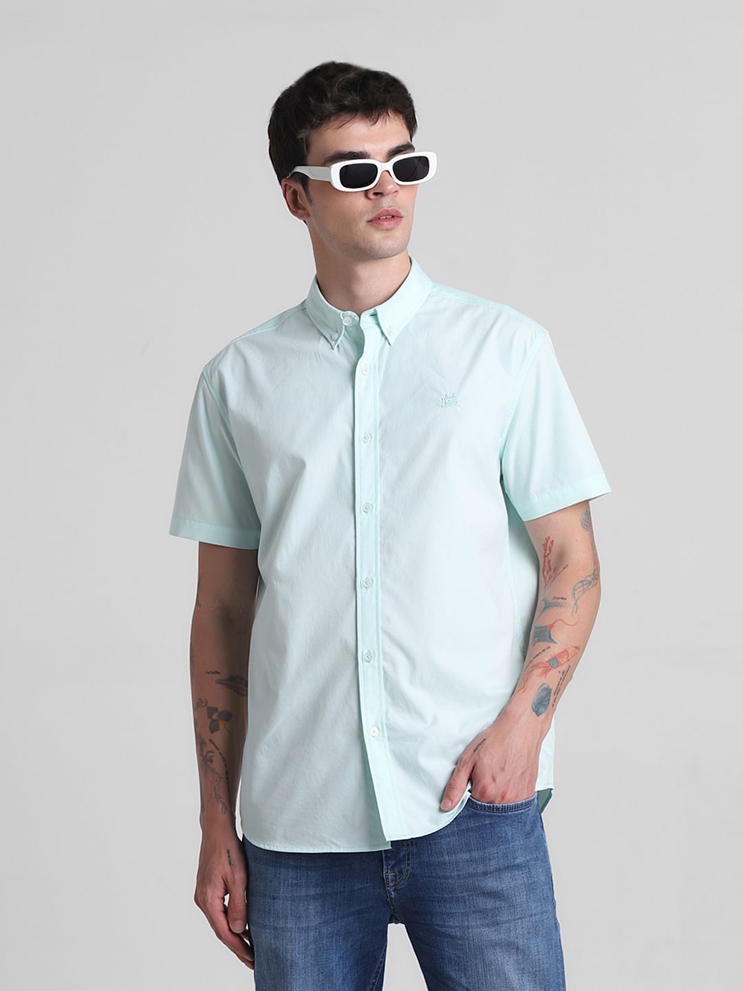 Green Cotton Short Sleeves Shirt - S