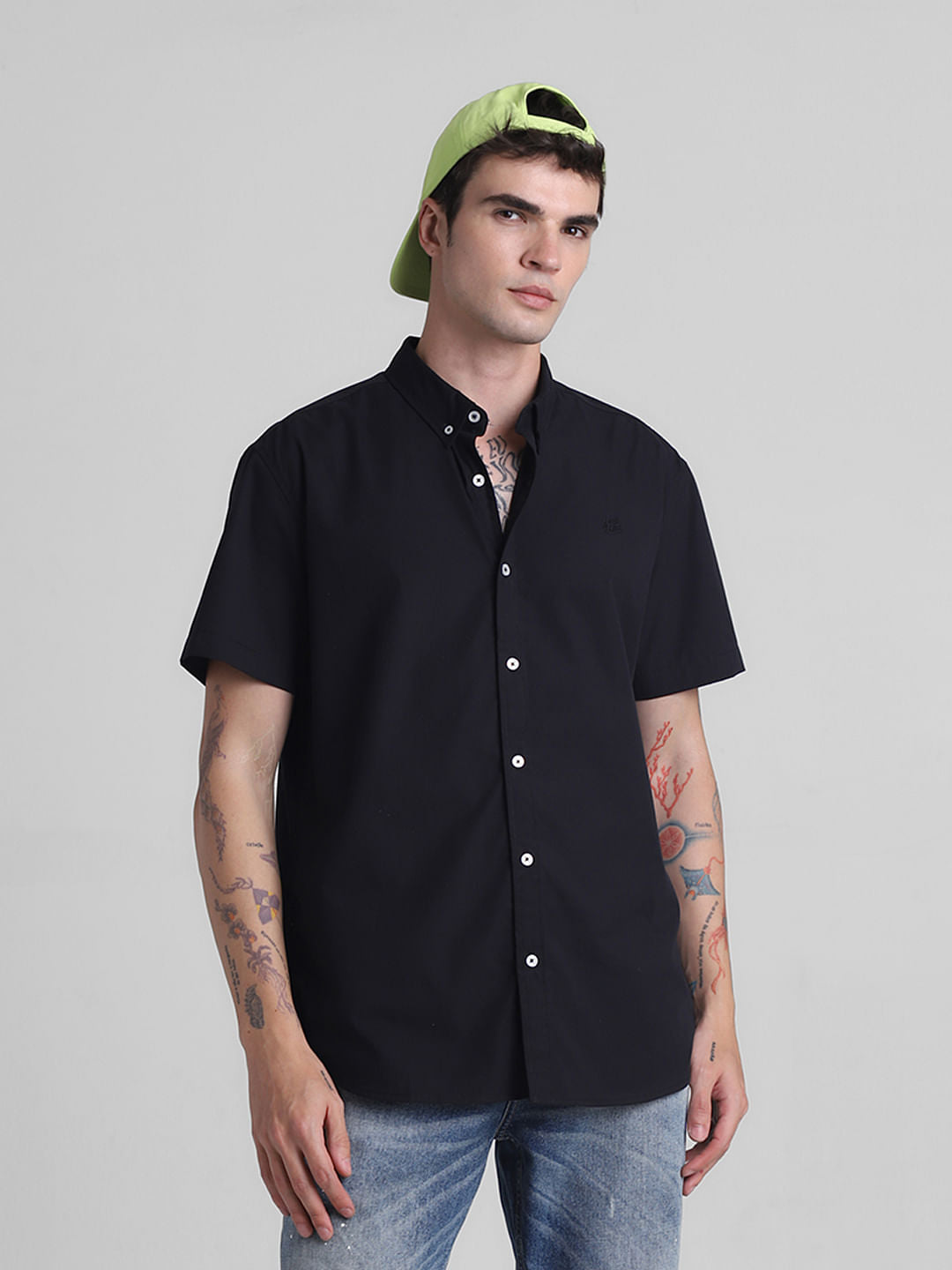 Black Cotton Short Sleeves Shirt - S