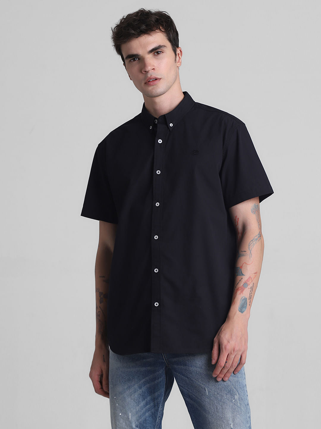 Black Cotton Short Sleeves Shirt