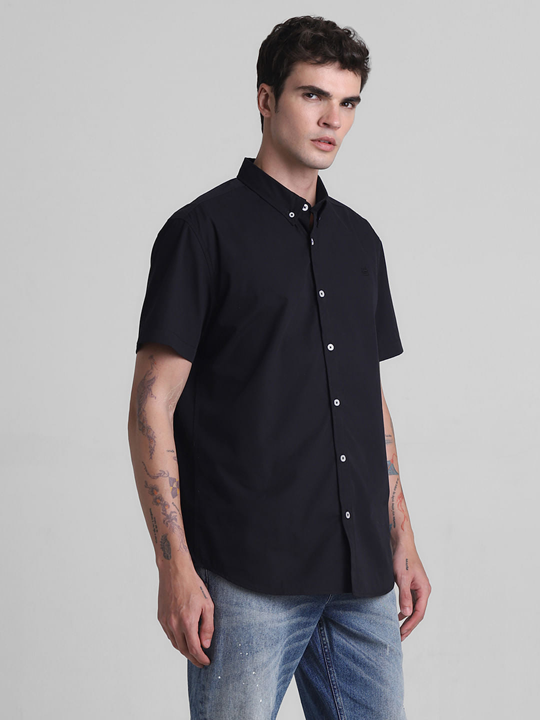 Black Cotton Short Sleeves Shirt