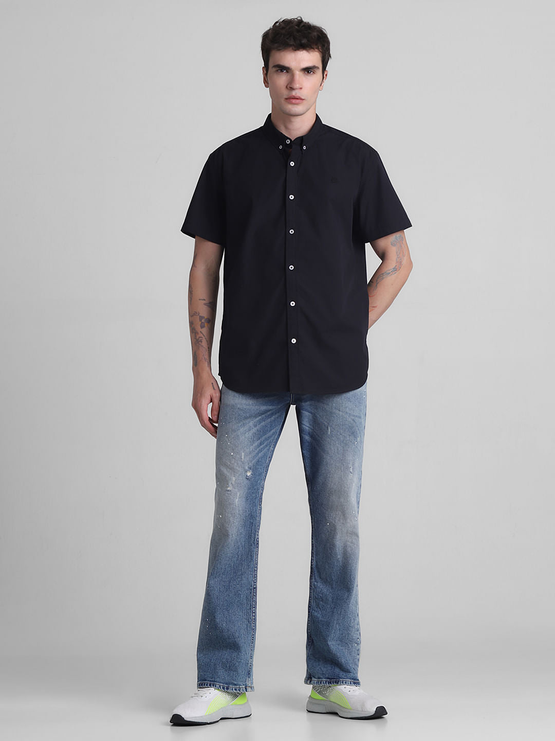 Black Cotton Short Sleeves Shirt