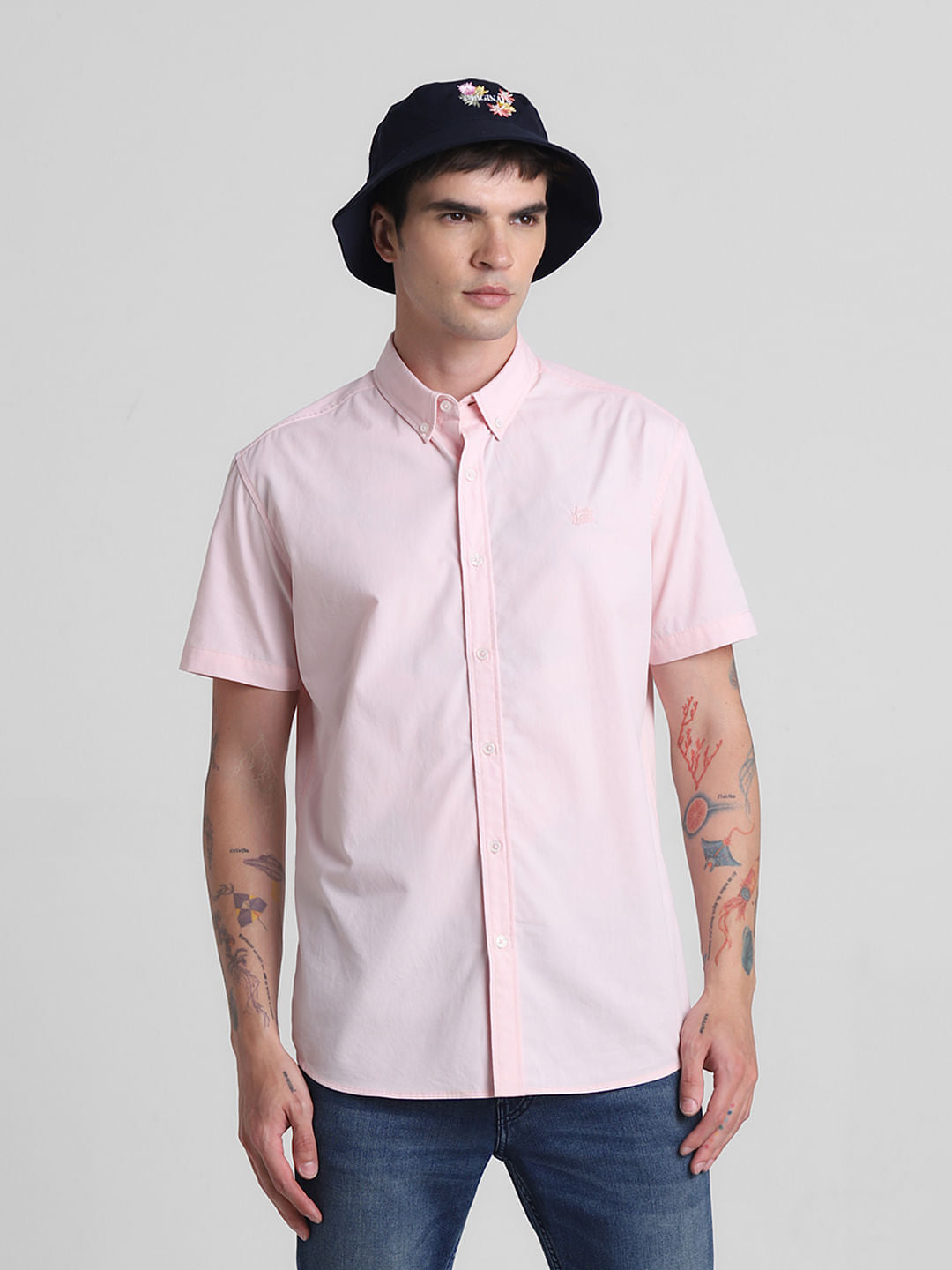 Pink Cotton Short Sleeves Shirt - S