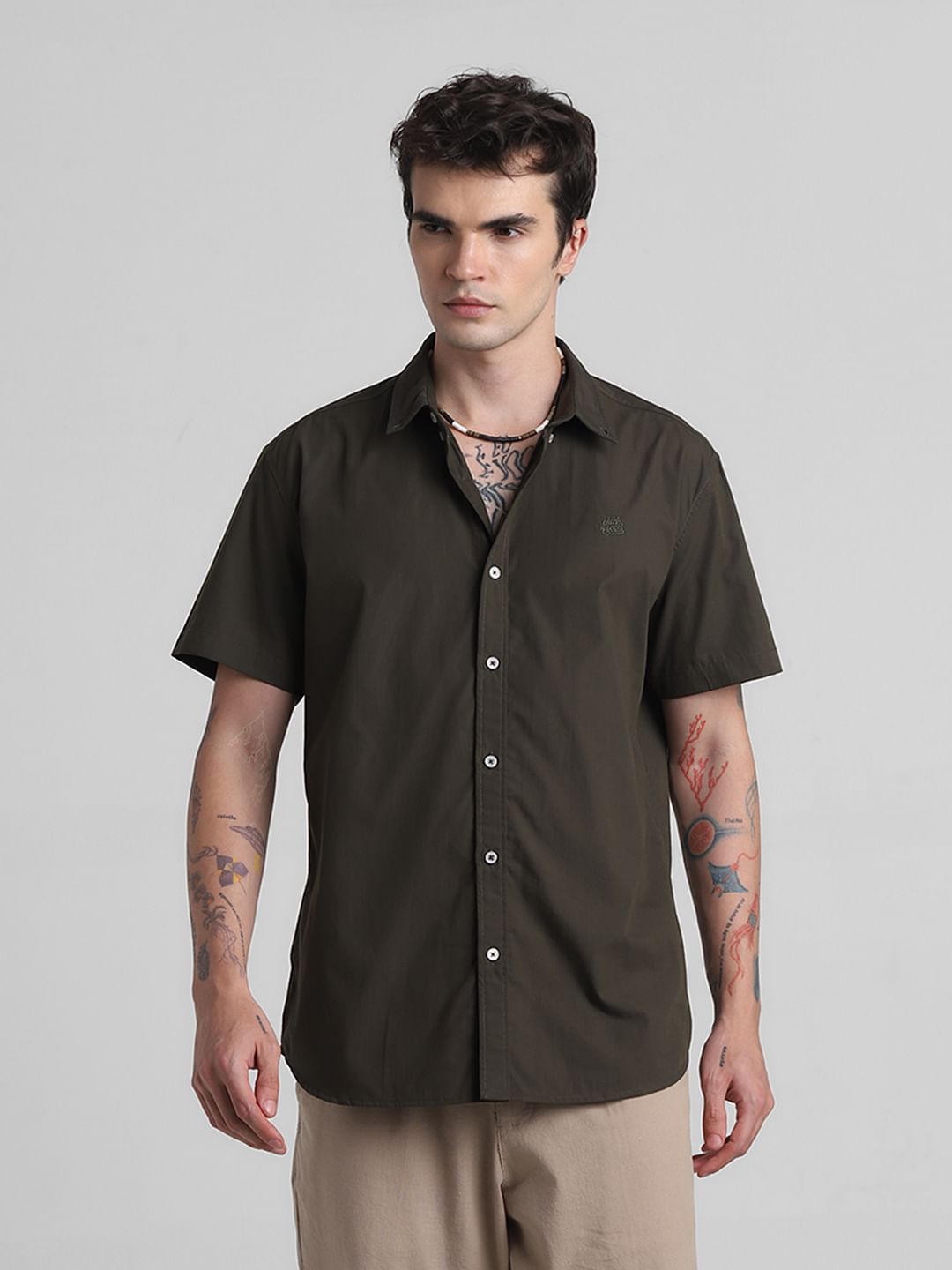 Dark Green Cotton Short Sleeves Shirt - S