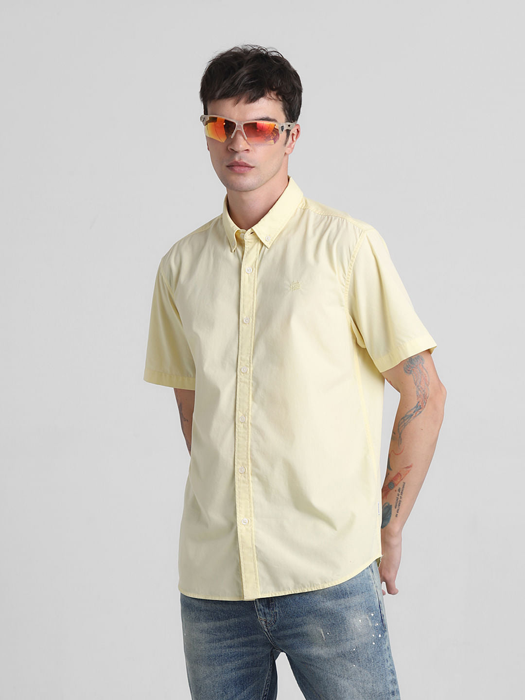 Yellow Cotton Short Sleeves Shirt - S