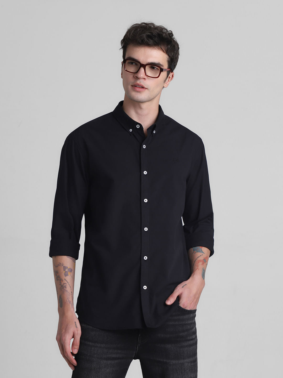 Black Cotton Full Sleeves Shirt - S