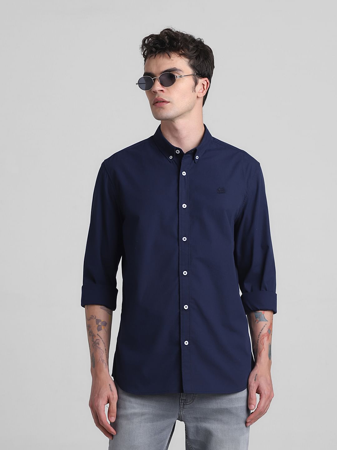 Dark Blue Cotton Full Sleeves Shirt - S