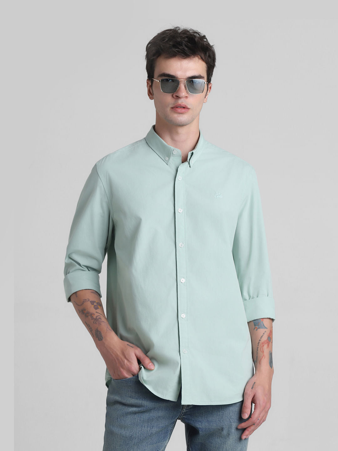 Green Cotton Full Sleeves Shirt - S