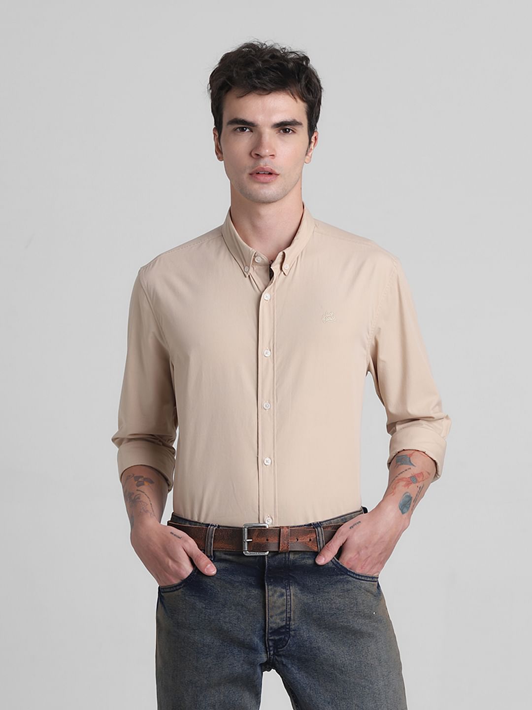 Brown Cotton Full Sleeves Shirt - S