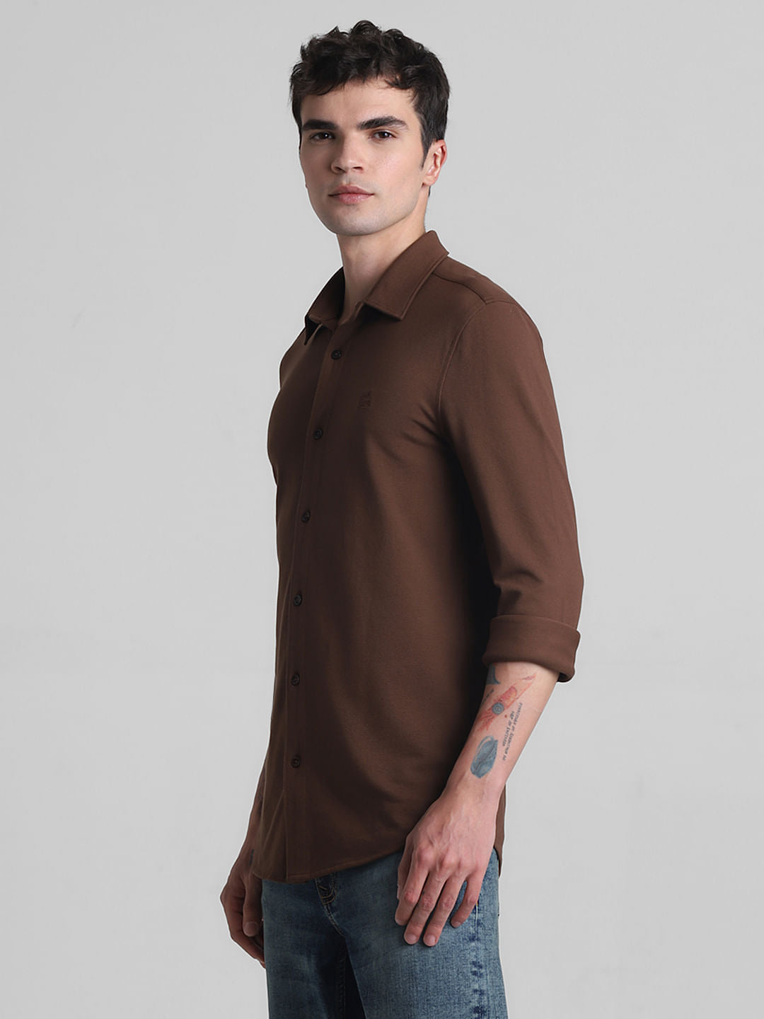 Brown Knitted Full Sleeves Shirt