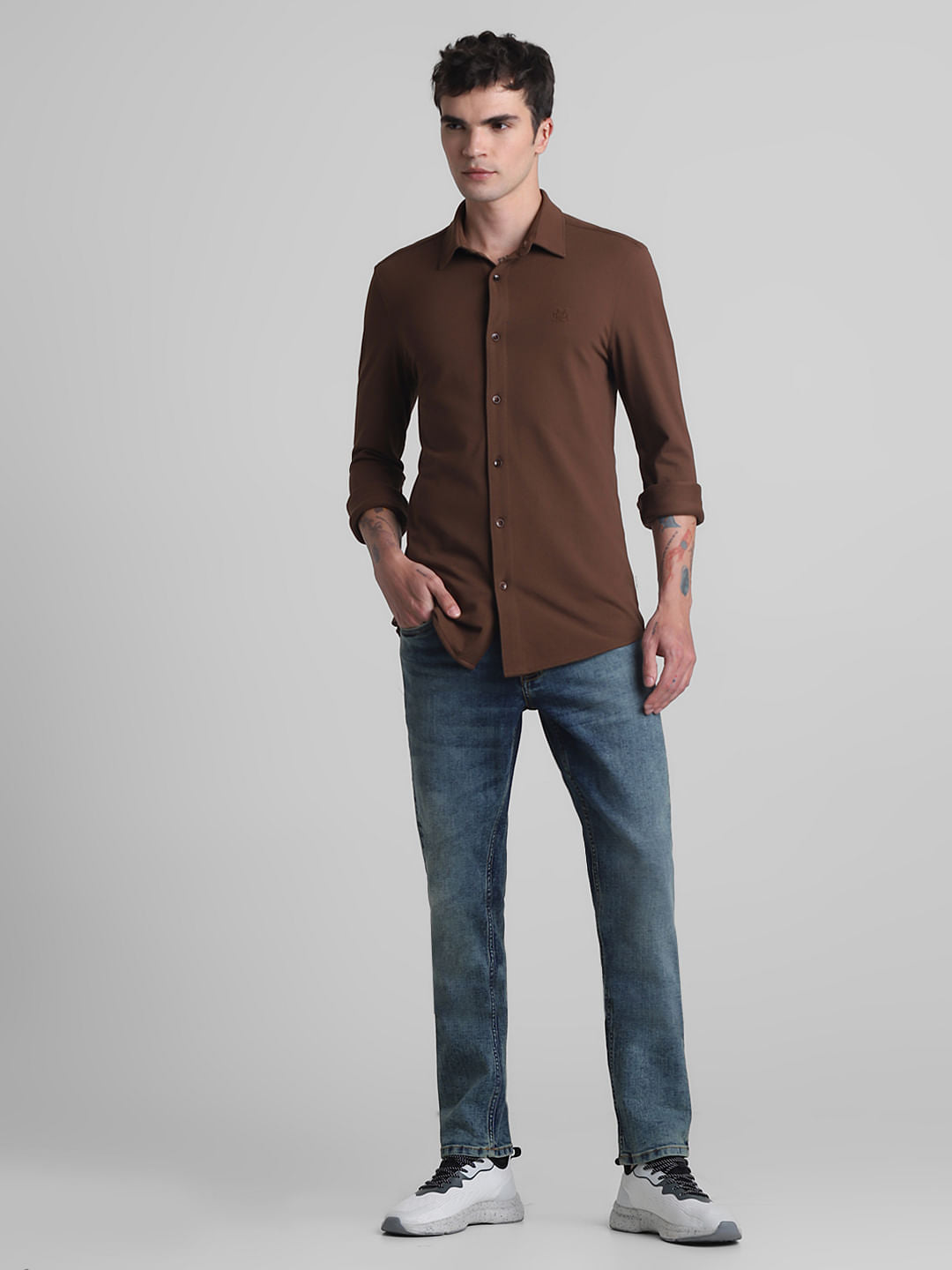 Brown Knitted Full Sleeves Shirt