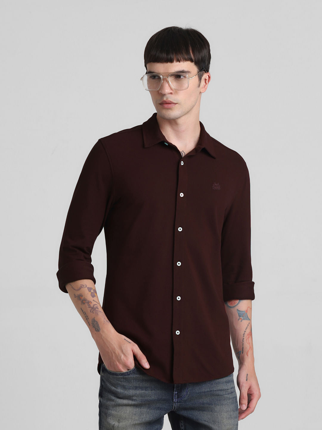 Dark Red Knit Full Sleeves Shirt - S