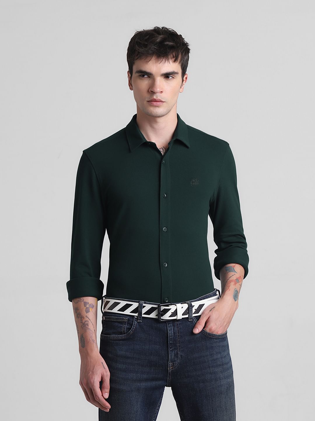 Green Knitted Full Sleeves Shirt - S