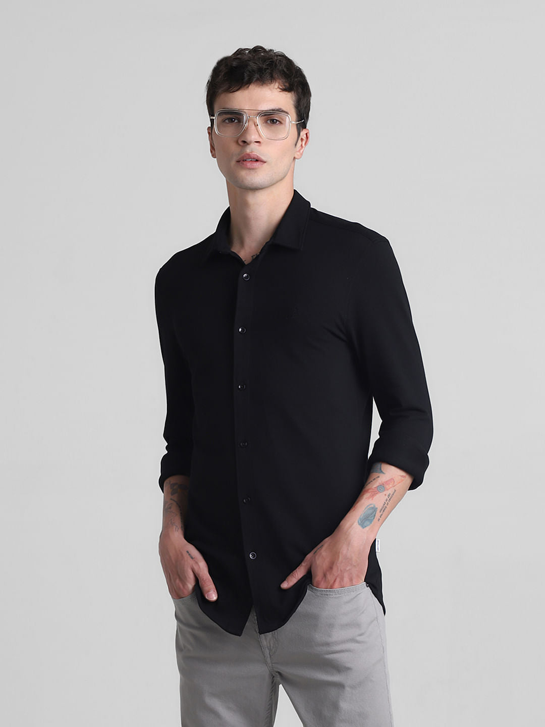 Black Knitted Full Sleeves Shirt - S