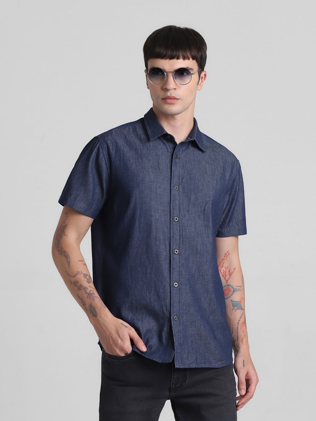 Dark Blue Denim Short Sleeves Shirt - S
