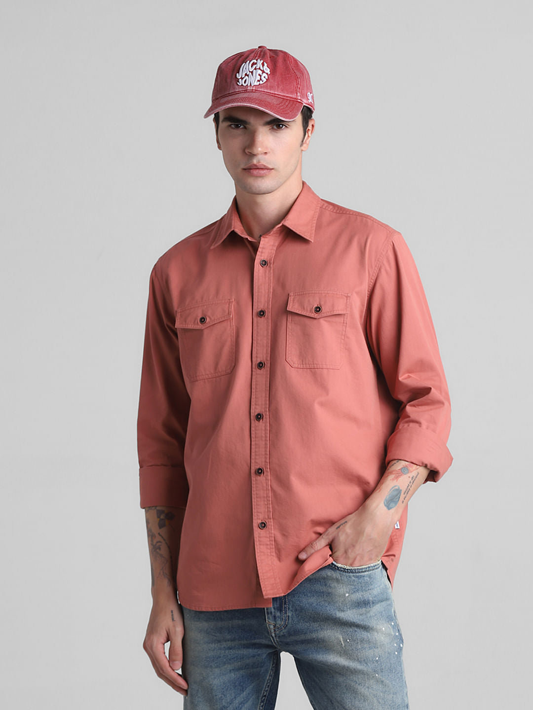 Red Cotton Full Sleeves Shirt - S