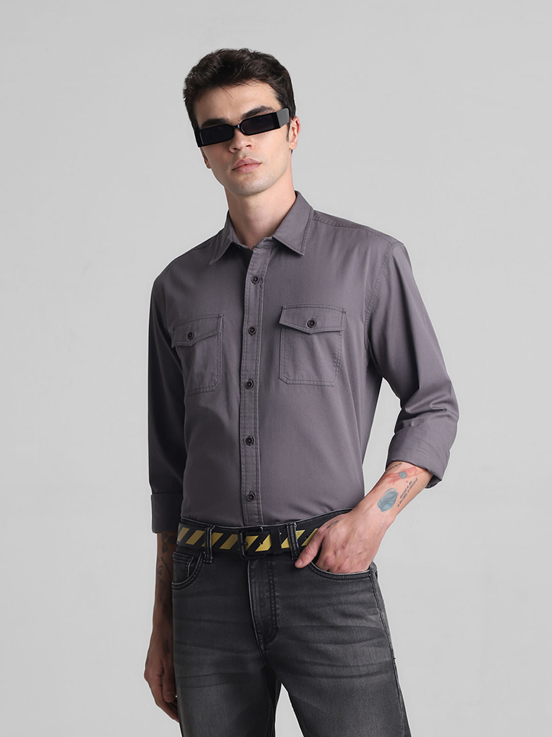 Grey Cotton Full Sleeves Shirt - M
