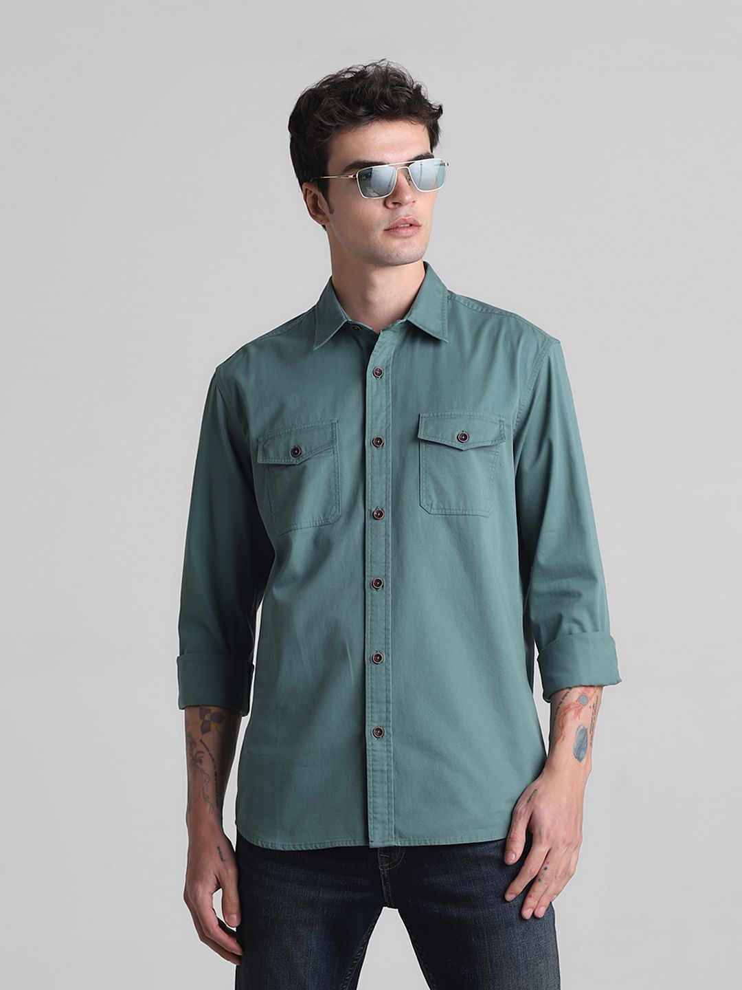 Green Cotton Full Sleeves Shirt - S