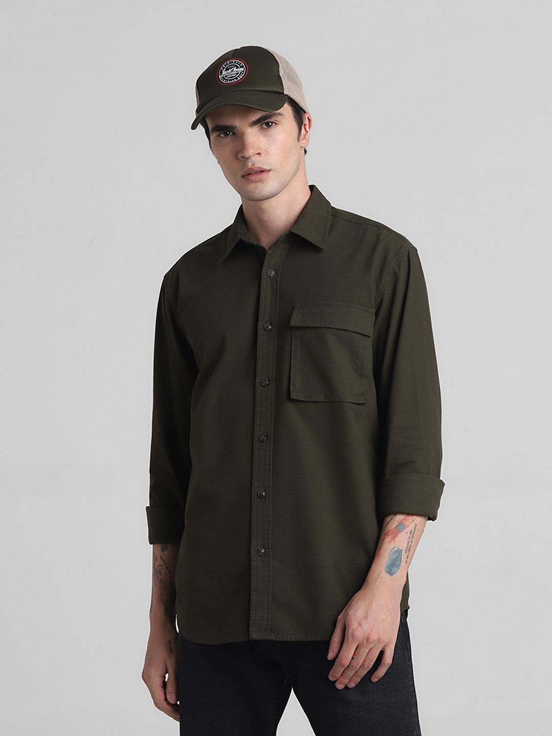 Green Cotton Full Sleeves Shirt - S