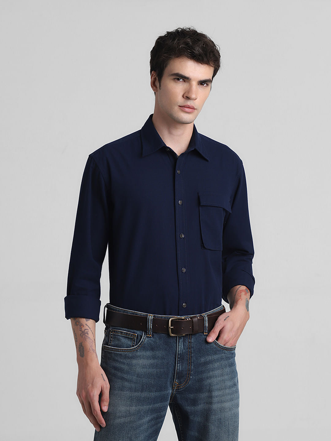 Dark Blue Cotton Full Sleeves Shirt - M