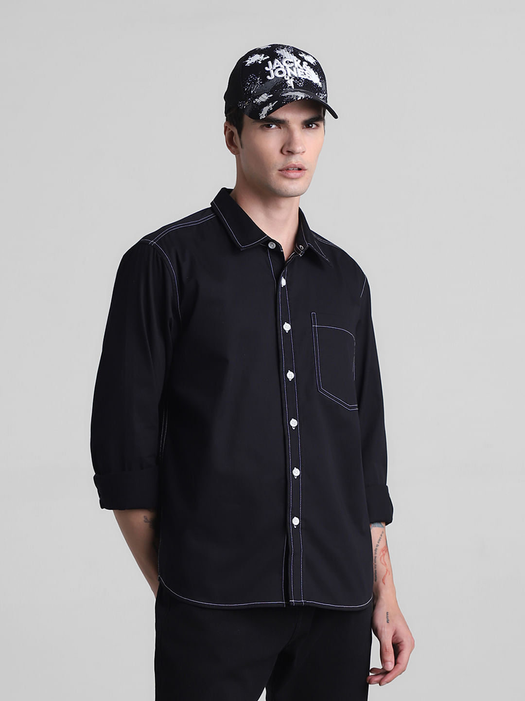 Black Contrast Stitch Full Sleeves Shirt - S