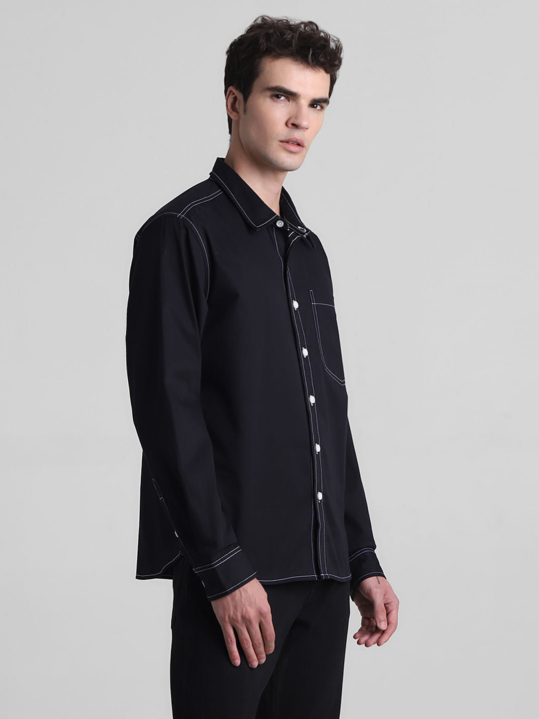 Black Contrast Stitch Full Sleeves Shirt