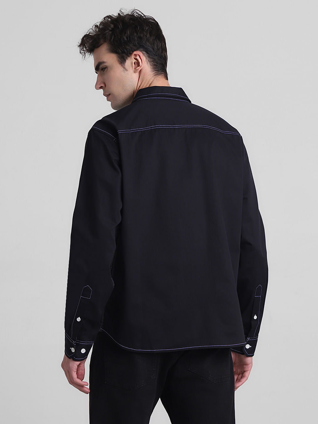 Black Contrast Stitch Full Sleeves Shirt