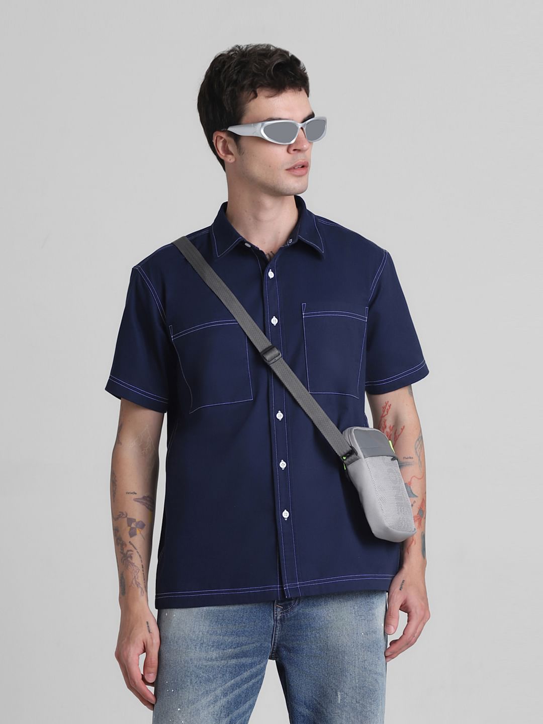 Blue Contrast Stitch Oversized Shirt - M