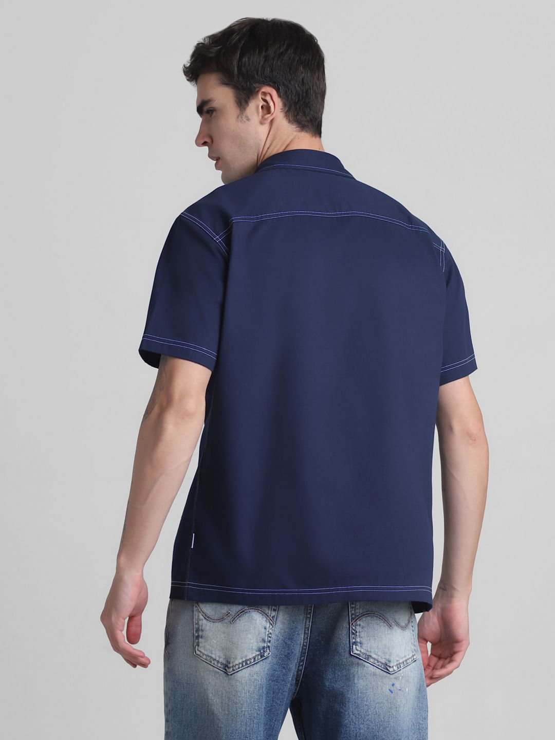 Blue Contrast Stitch Oversized Shirt