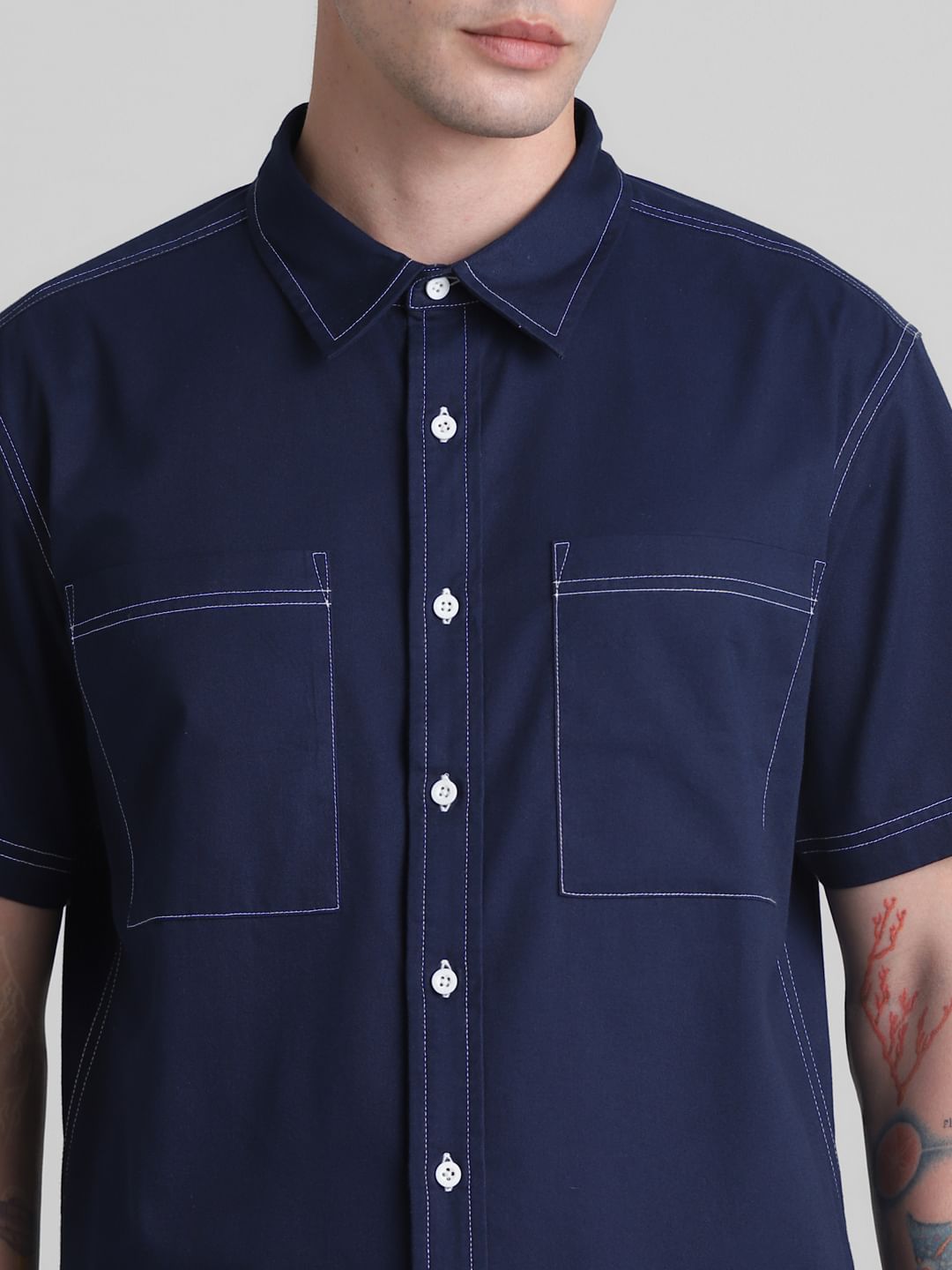 Blue Contrast Stitch Oversized Shirt