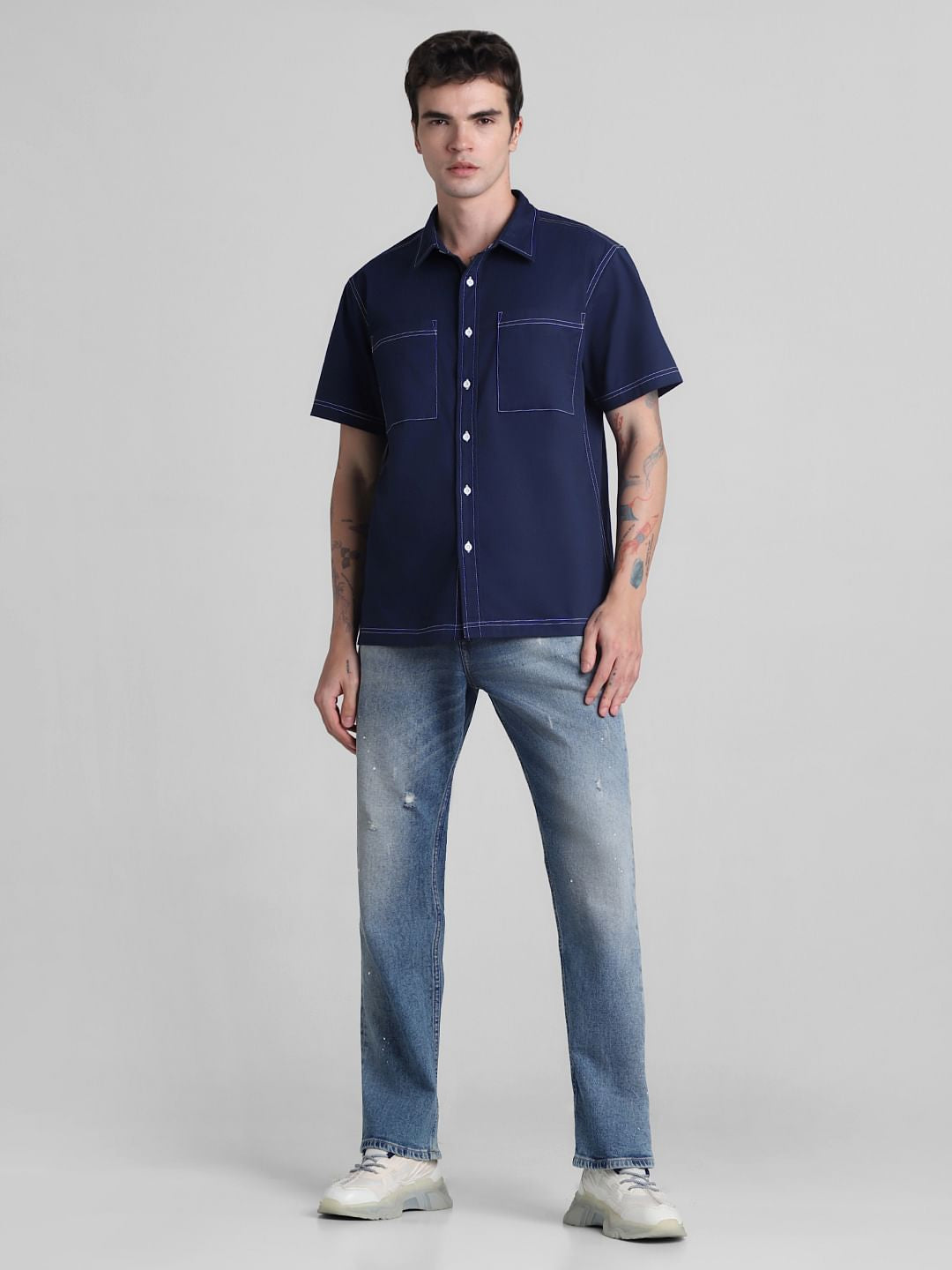 Blue Contrast Stitch Oversized Shirt