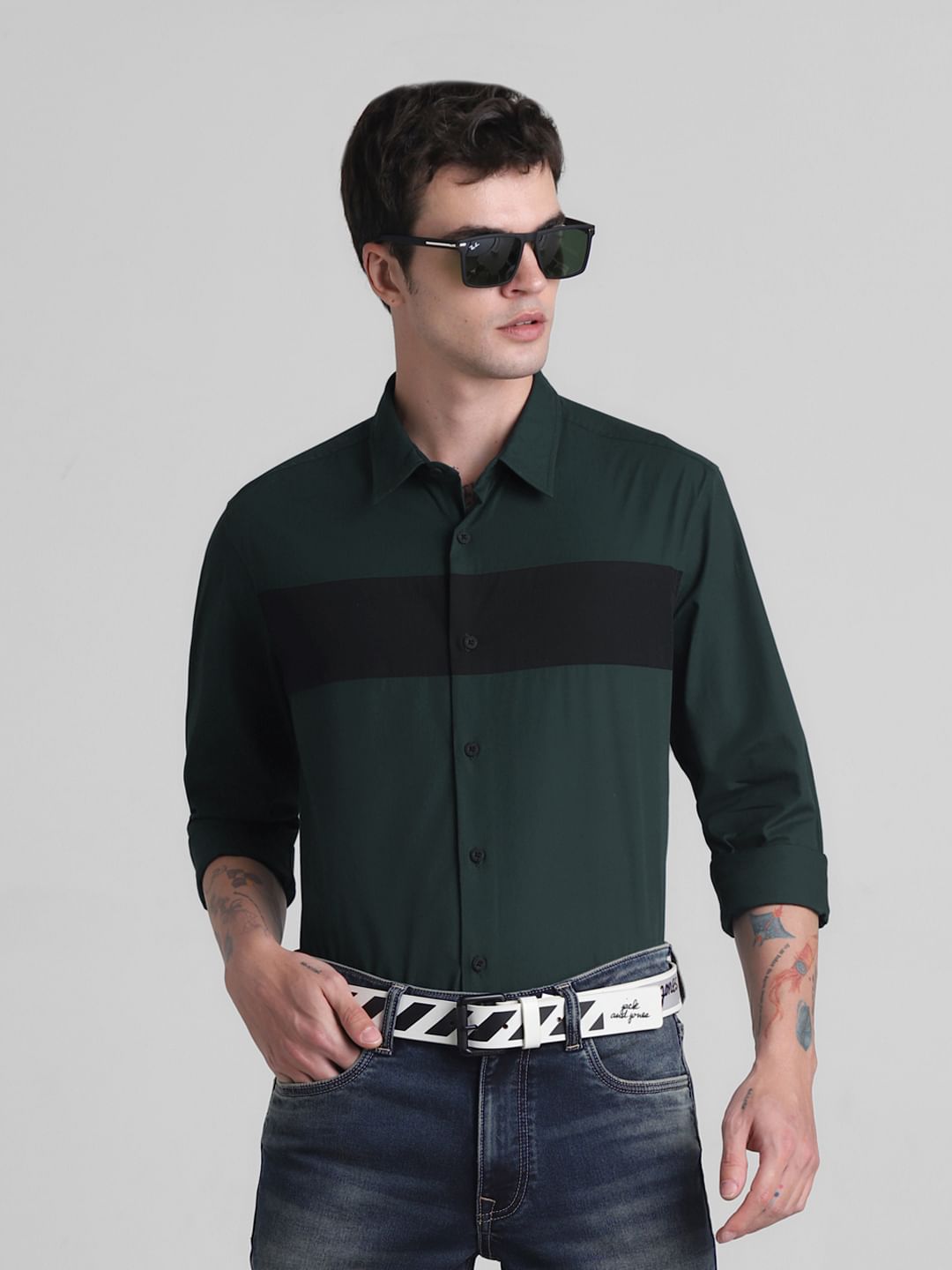 Dark Green Cotton Full Sleeves Shirt - M