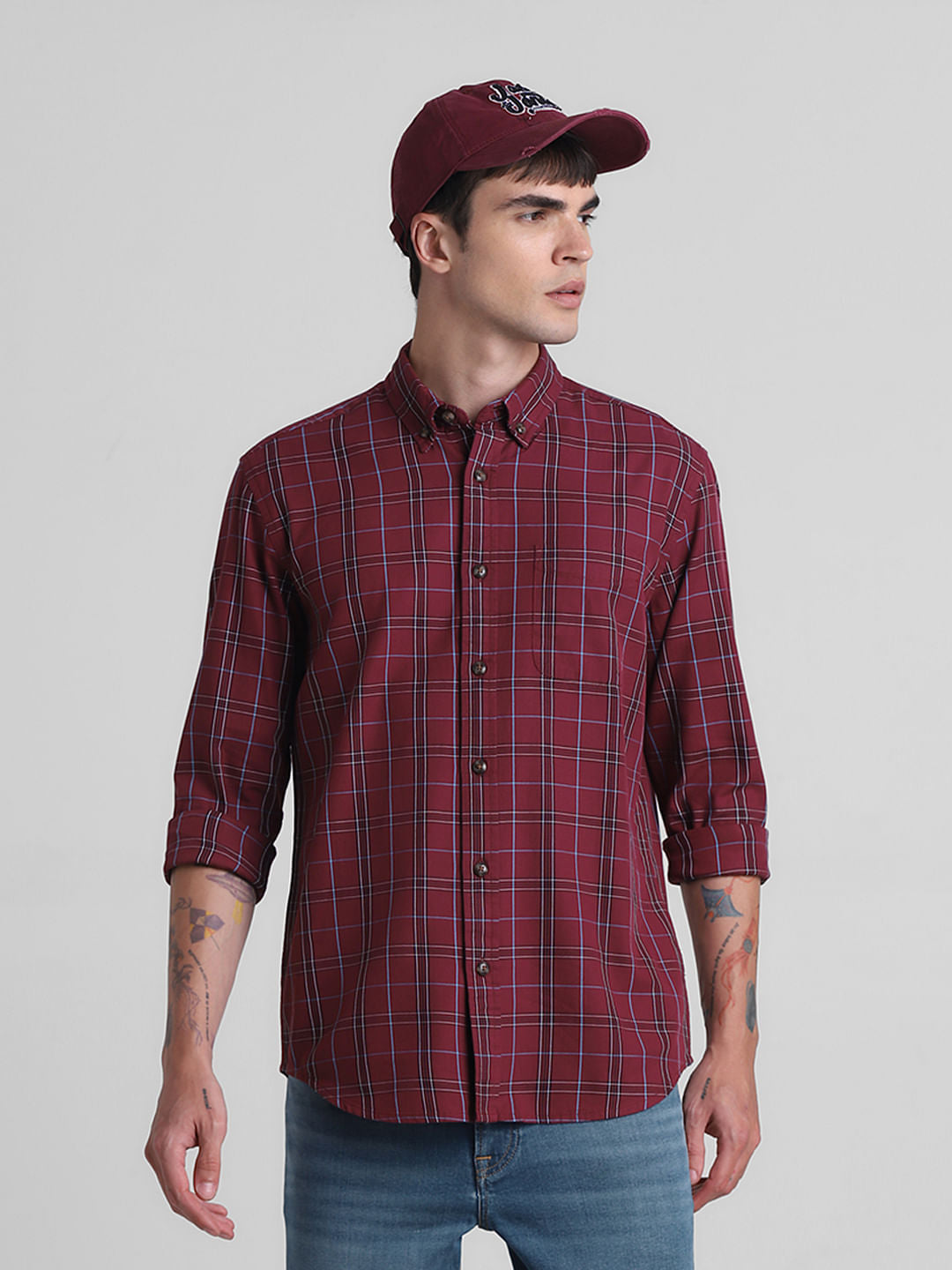Red Cotton Check Full Sleeves Shirt - S