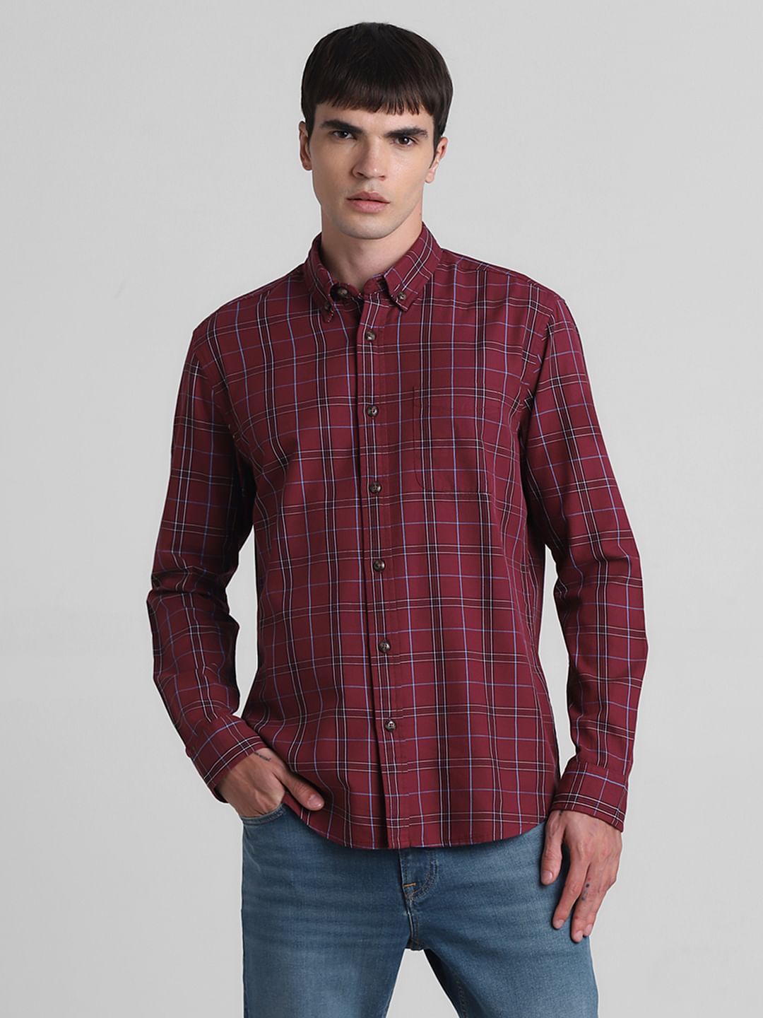 Red Cotton Check Full Sleeves Shirt