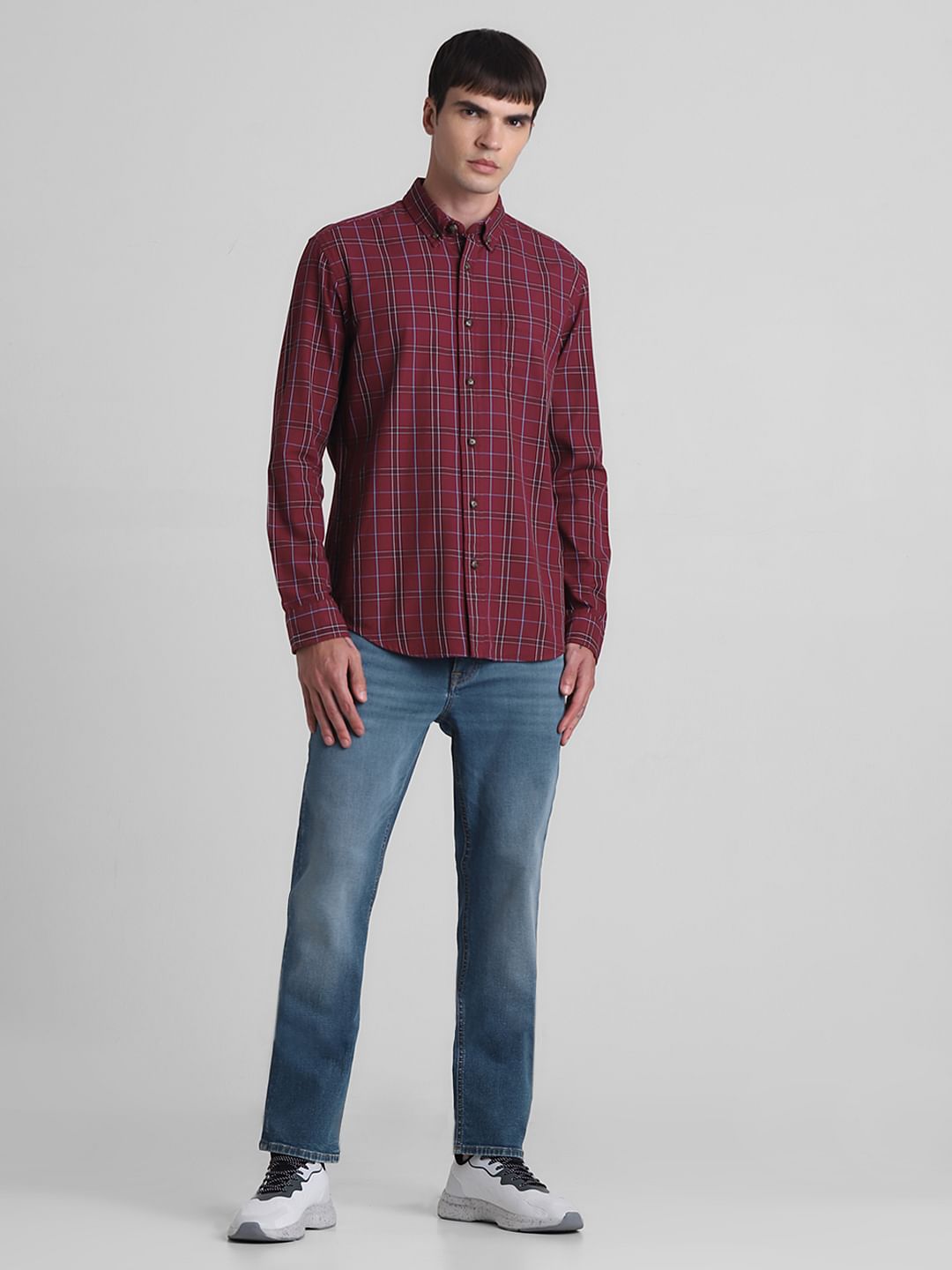 Red Cotton Check Full Sleeves Shirt
