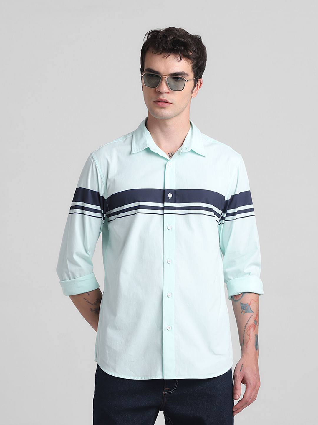 Mint Green Cotton Full Sleeves Shirt - L