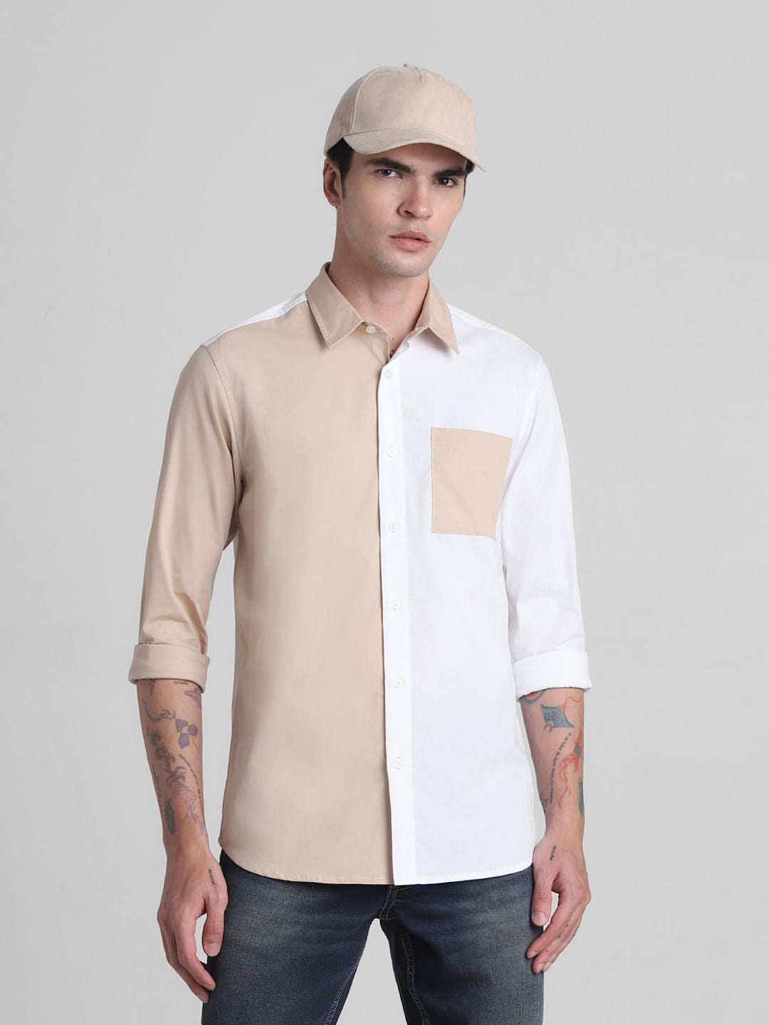 Brown Colourblocked Full Sleeves Shirt - M