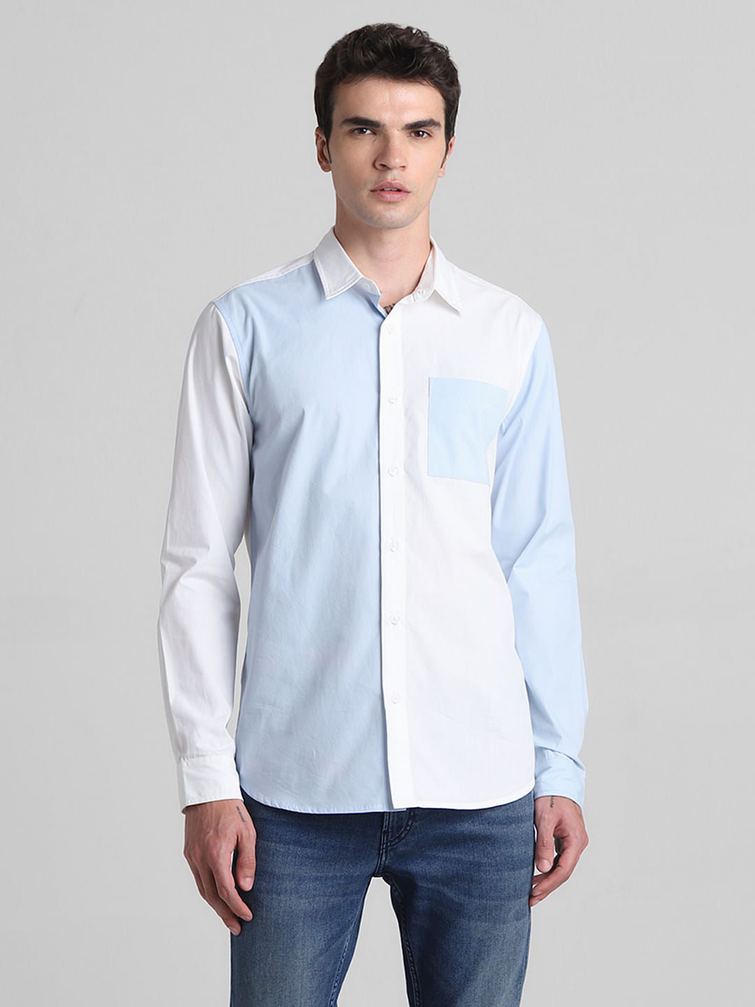 Blue Colourblocked Full Sleeves Shirt