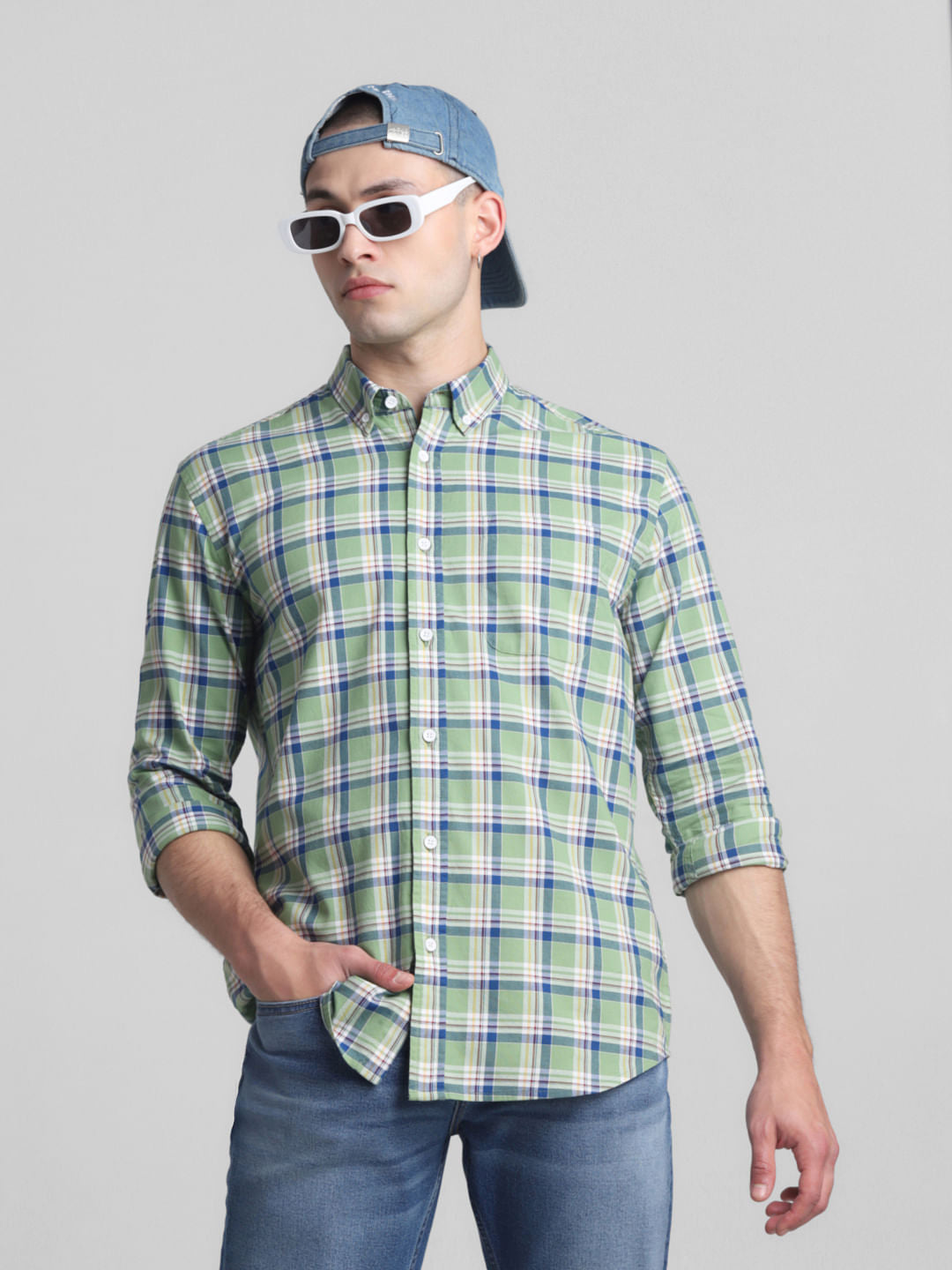 Light Green Check Full Sleeves Shirt - XL