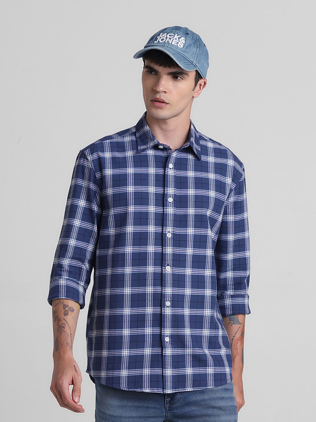 Blue Cotton Check Full Sleeves Shirt