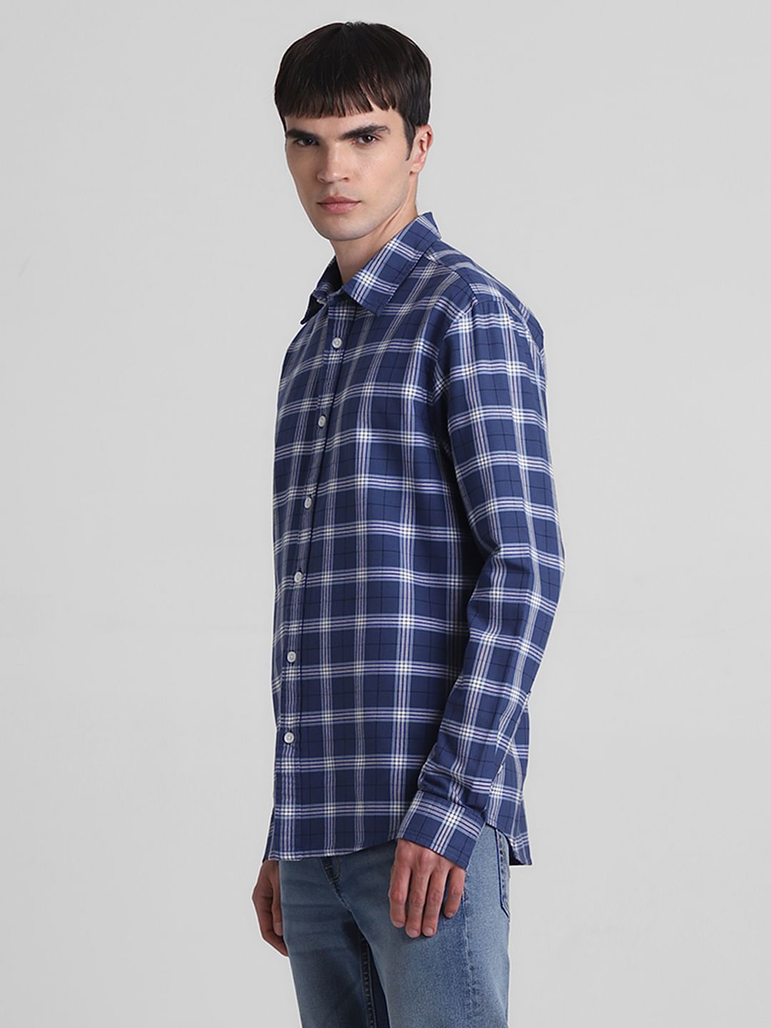 Blue Cotton Check Full Sleeves Shirt