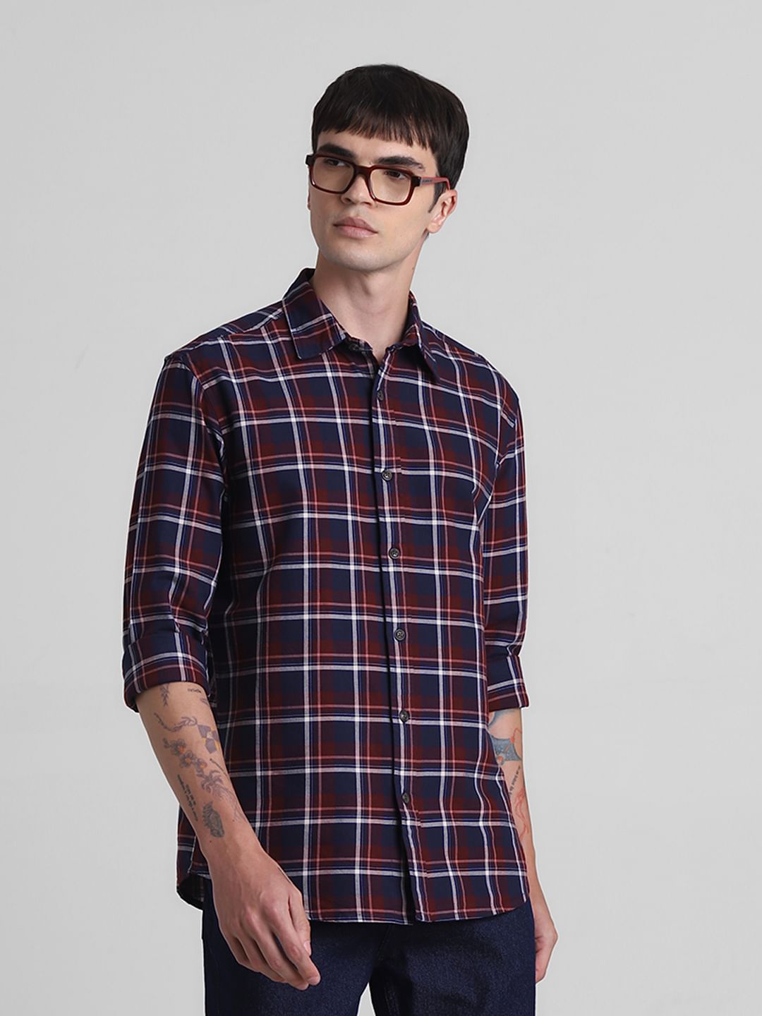 Maroon Cotton Check Full Sleeves Shirt - S