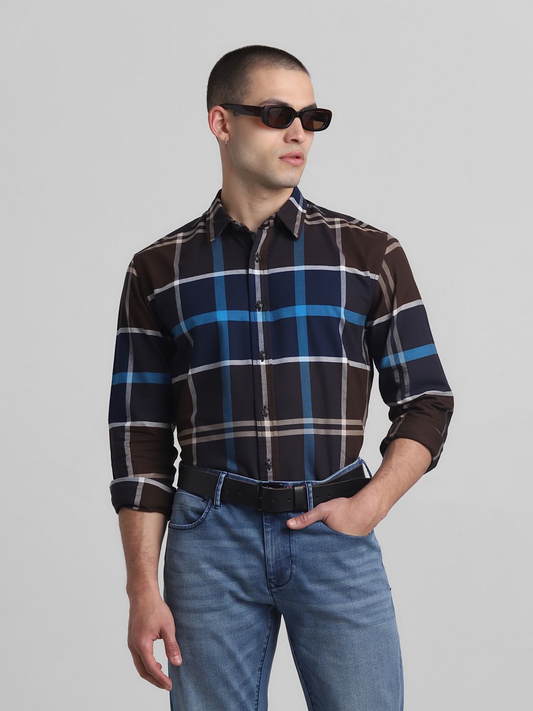 Brown Check Full Sleeves Shirt - L