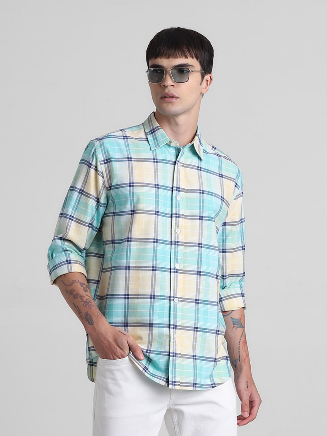 Light Green Check Full Sleeves Shirt - XXL