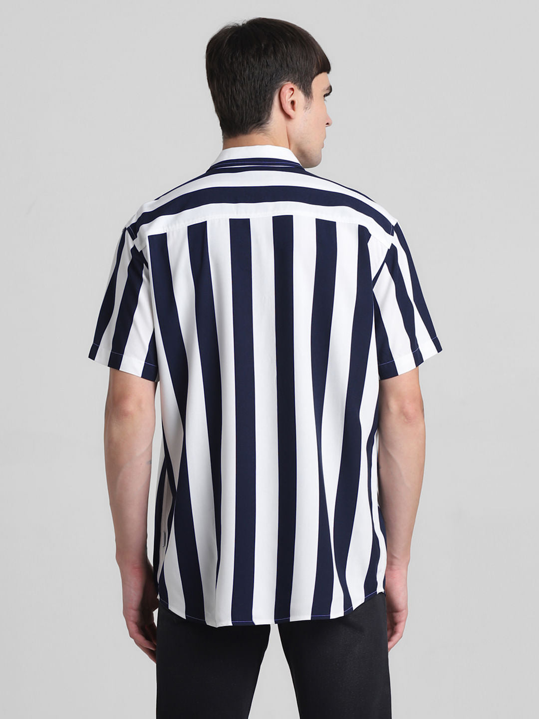 Dark Blue Striped Short Sleeves Shirt