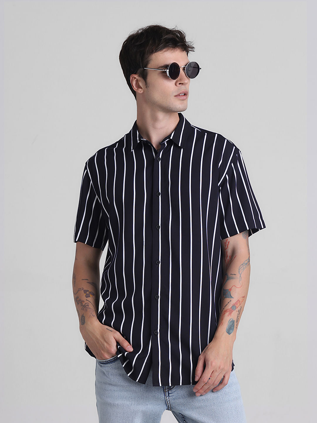 Black Striped Cotton Short Sleeves Shirt - S
