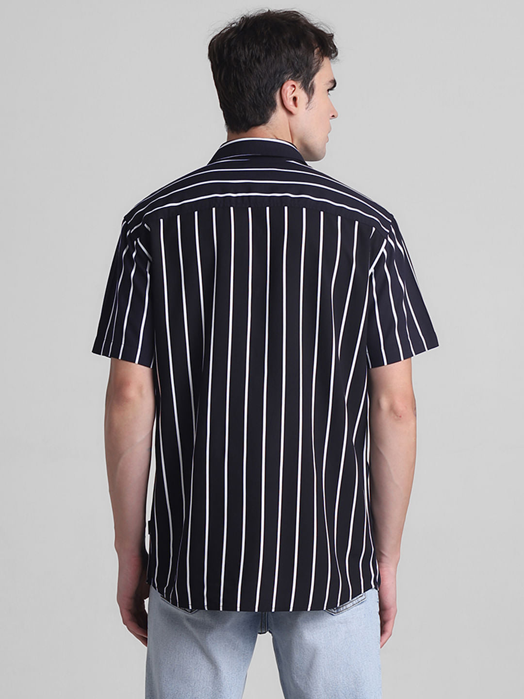 Black Striped Cotton Short Sleeves Shirt