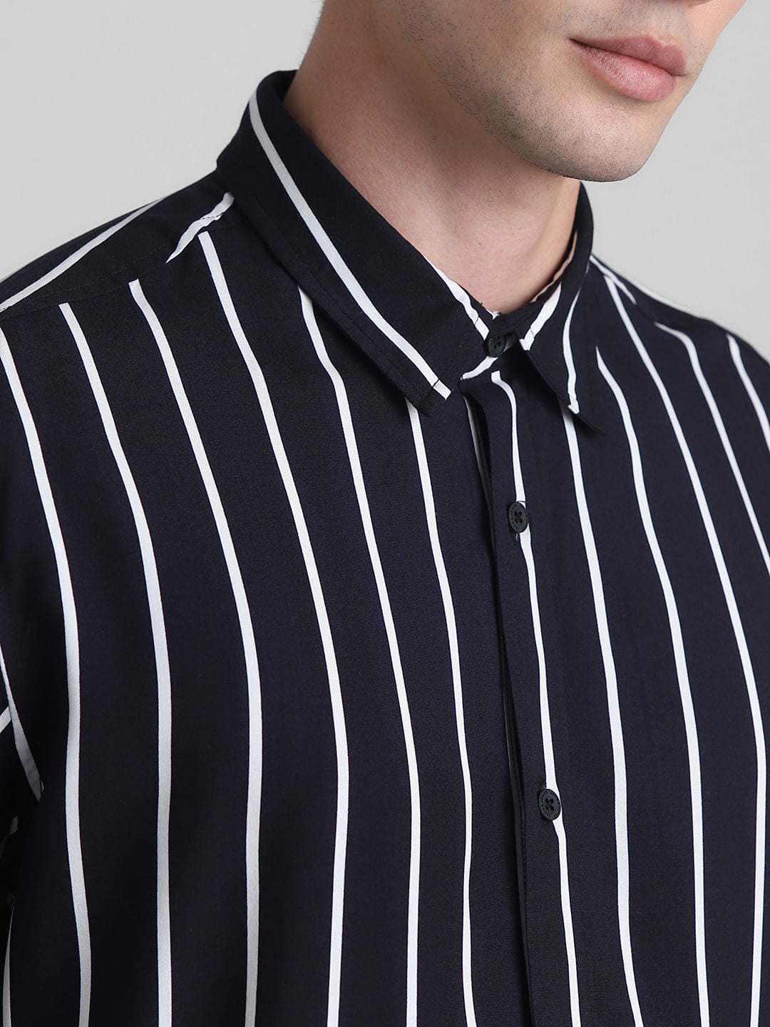 Black Striped Cotton Short Sleeves Shirt