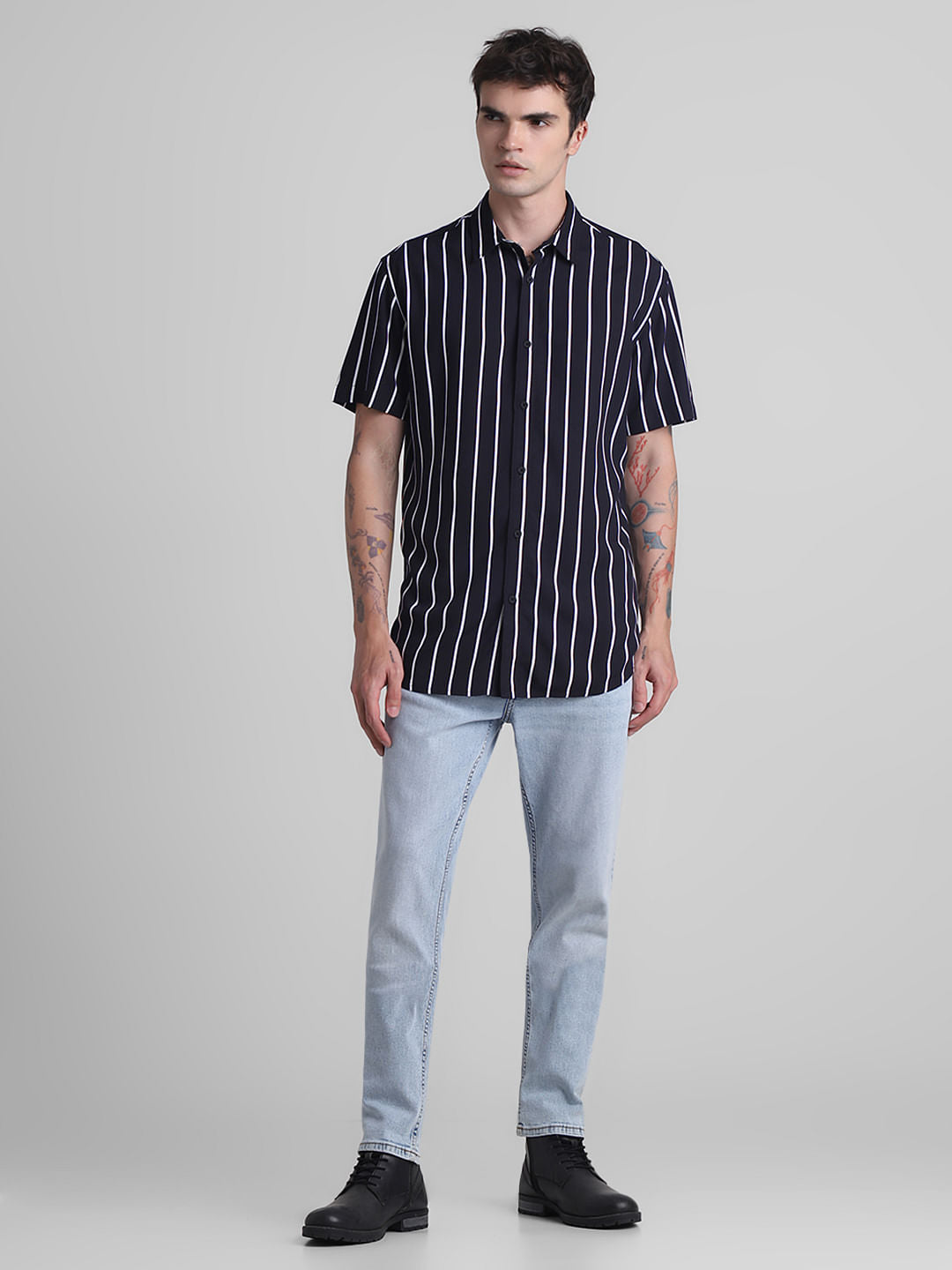 Black Striped Cotton Short Sleeves Shirt