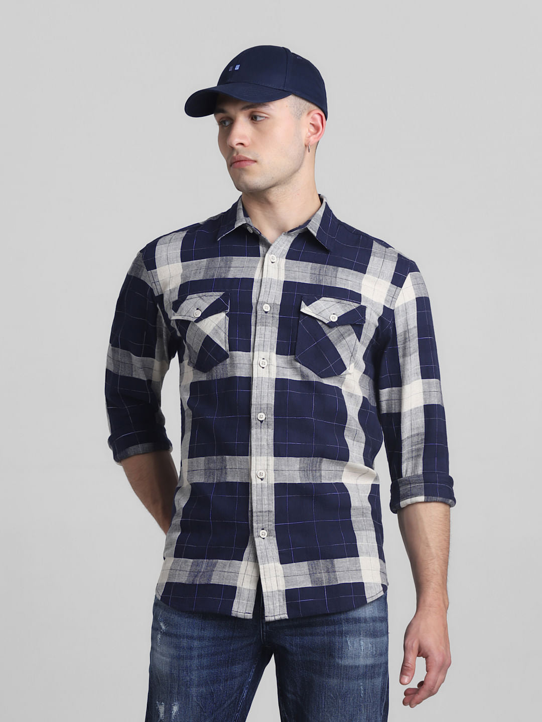 Navy Blue Check Full Sleeves Shirt - S