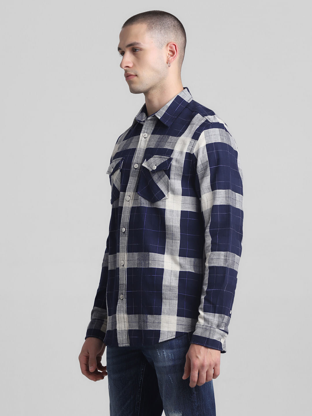 Navy Blue Check Full Sleeves Shirt